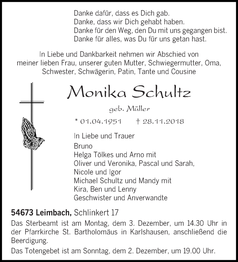  Traueranzeige für Monika Schultz vom 30.11.2018 aus trierischer_volksfreund