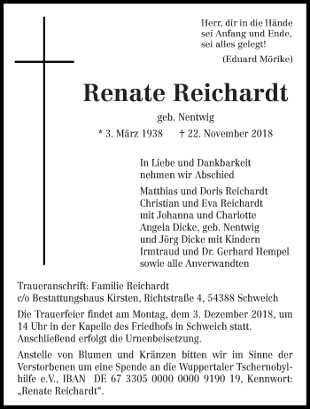 Traueranzeige von Renate Reichardt von trierischer_volksfreund