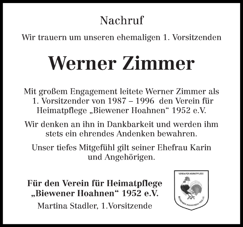  Traueranzeige für Werner Zimmer vom 13.12.2018 aus trierischer_volksfreund
