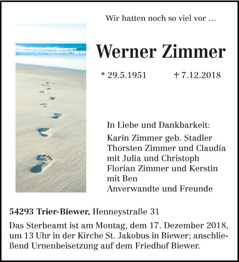 Traueranzeige für Werner Zimmer vom 12.12.2018 aus trierischer_volksfreund
