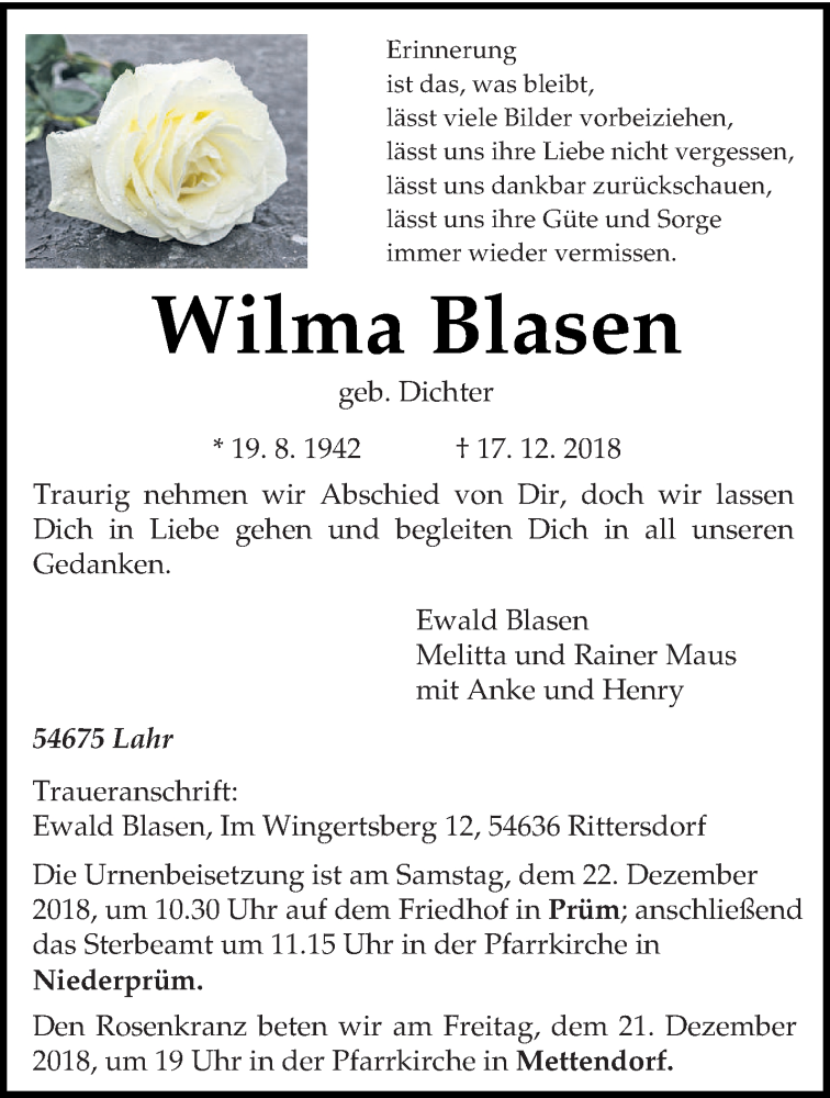  Traueranzeige für Wilma Blasen vom 19.12.2018 aus trierischer_volksfreund