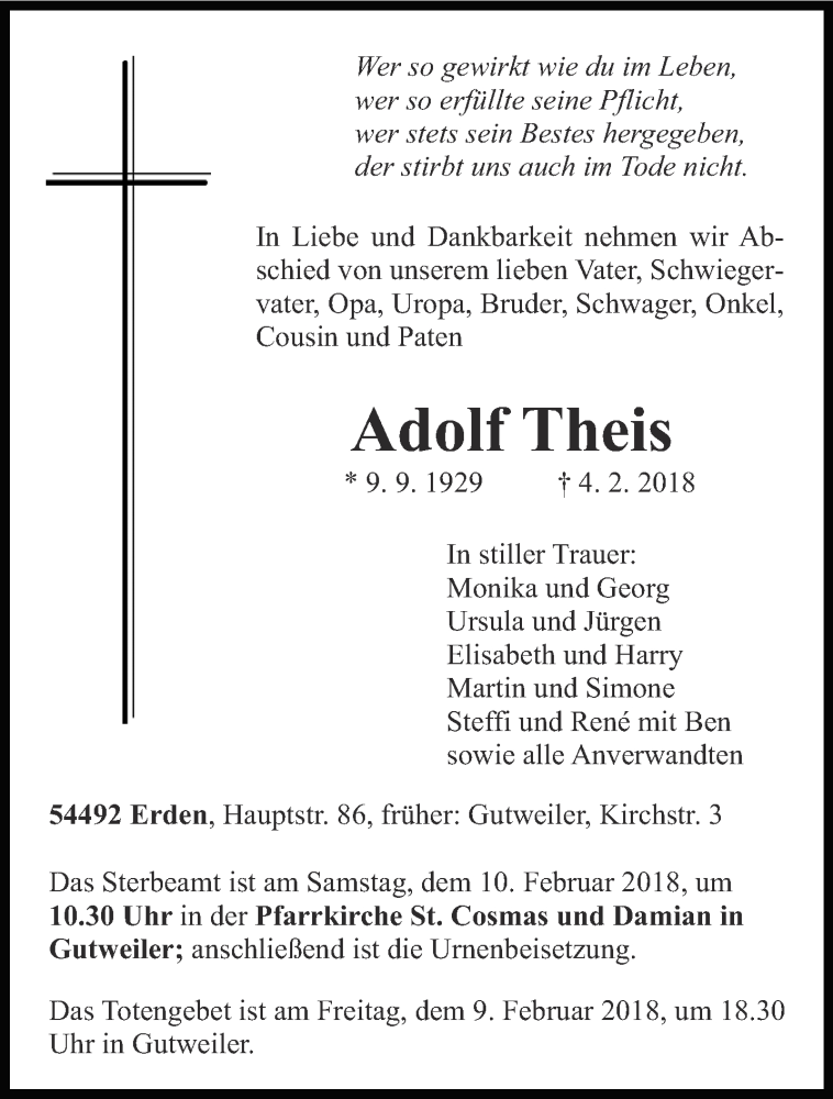  Traueranzeige für Adolf Theis vom 07.02.2018 aus trierischer_volksfreund