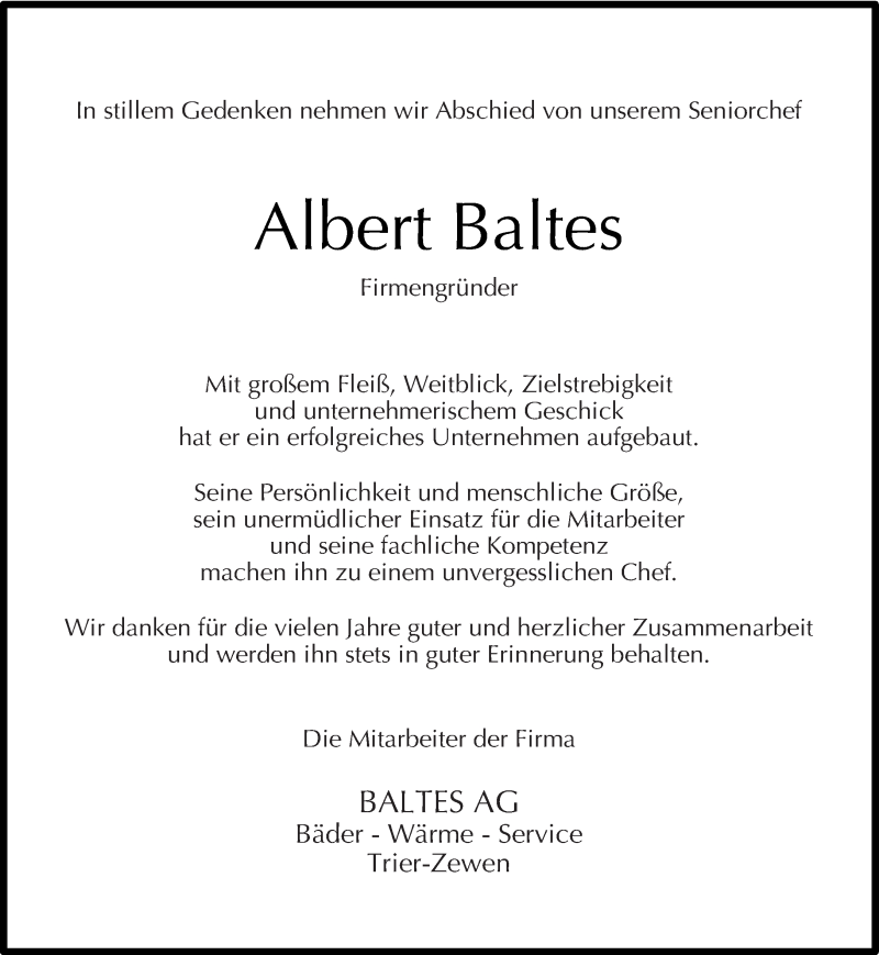  Traueranzeige für Albert Baltes vom 03.02.2018 aus trierischer_volksfreund