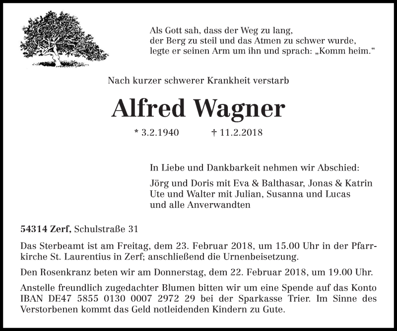  Traueranzeige für Alfred Wagner vom 17.02.2018 aus trierischer_volksfreund