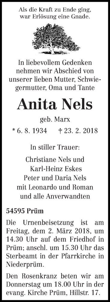 Traueranzeige für Anita Nels vom 27.02.2018 aus trierischer_volksfreund