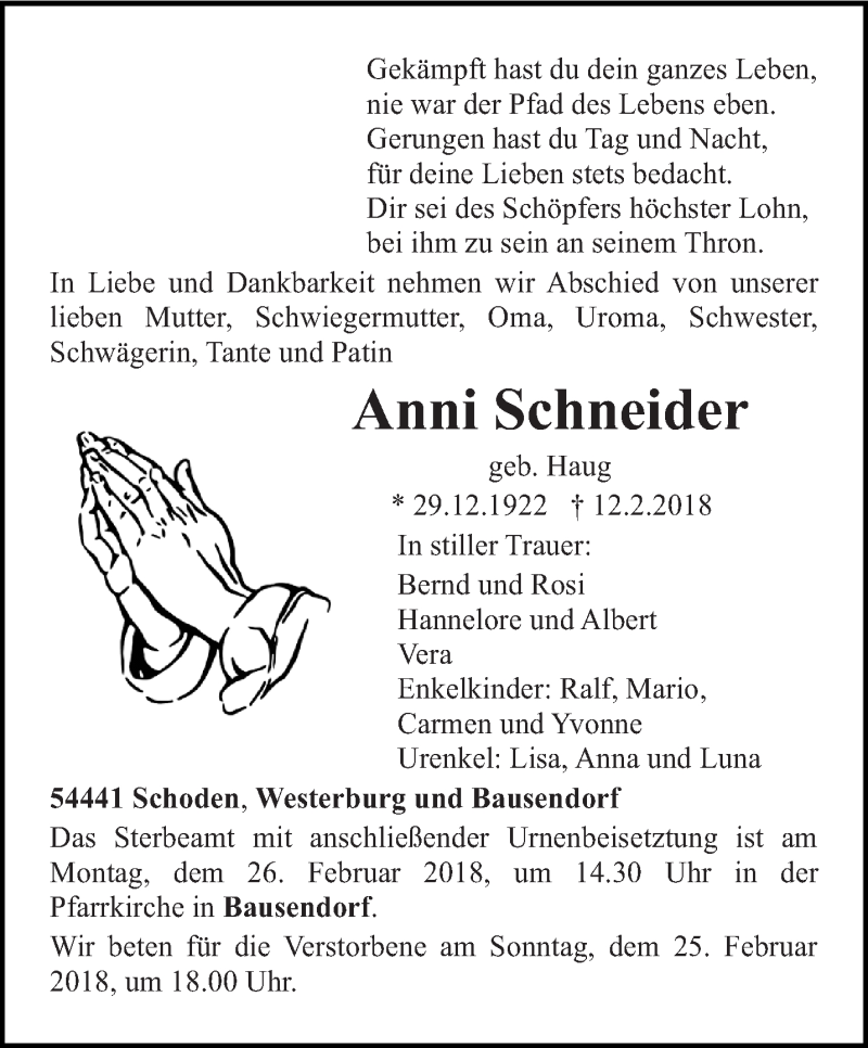  Traueranzeige für Anni Schneider vom 21.02.2018 aus trierischer_volksfreund