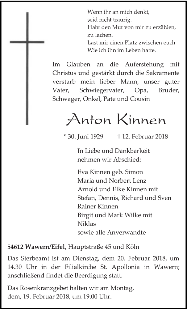  Traueranzeige für Anton Kinnen vom 17.02.2018 aus trierischer_volksfreund