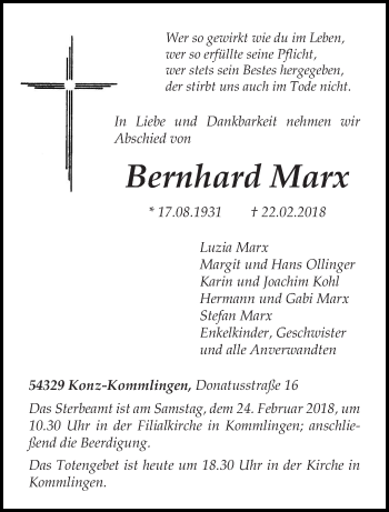 Traueranzeige von Bernhard Marx von trierischer_volksfreund