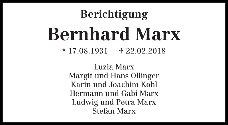  Traueranzeige für Bernhard Marx vom 24.02.2018 aus trierischer_volksfreund
