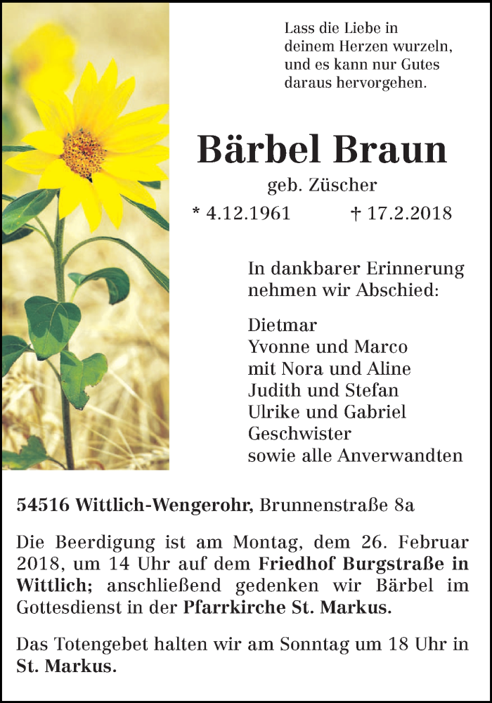  Traueranzeige für Bärbel Braun vom 21.02.2018 aus trierischer_volksfreund