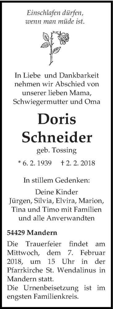  Traueranzeige für Doris Schneider vom 05.02.2018 aus trierischer_volksfreund