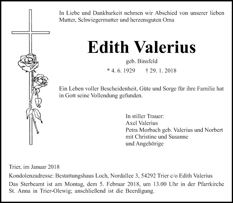  Traueranzeige für Edith Valerius vom 01.02.2018 aus trierischer_volksfreund