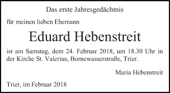Traueranzeige von Eduard Hebenstreit von trierischer_volksfreund