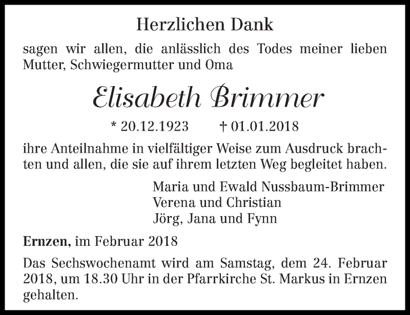  Traueranzeige für Elisabeth Brimmer vom 16.02.2018 aus trierischer_volksfreund