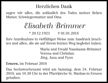 Traueranzeige von Elisabeth Brimmer von trierischer_volksfreund