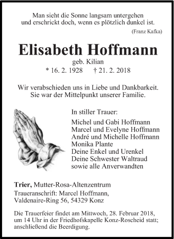 Traueranzeige von Elisabeth Hoffmann von trierischer_volksfreund
