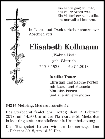 Traueranzeige von Elisabeth Kollmann von trierischer_volksfreund