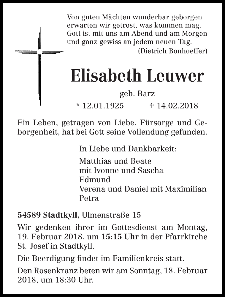  Traueranzeige für Elisabeth Leuwer vom 16.02.2018 aus trierischer_volksfreund