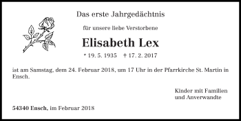 Traueranzeige von Elisabeth Lex von trierischer_volksfreund