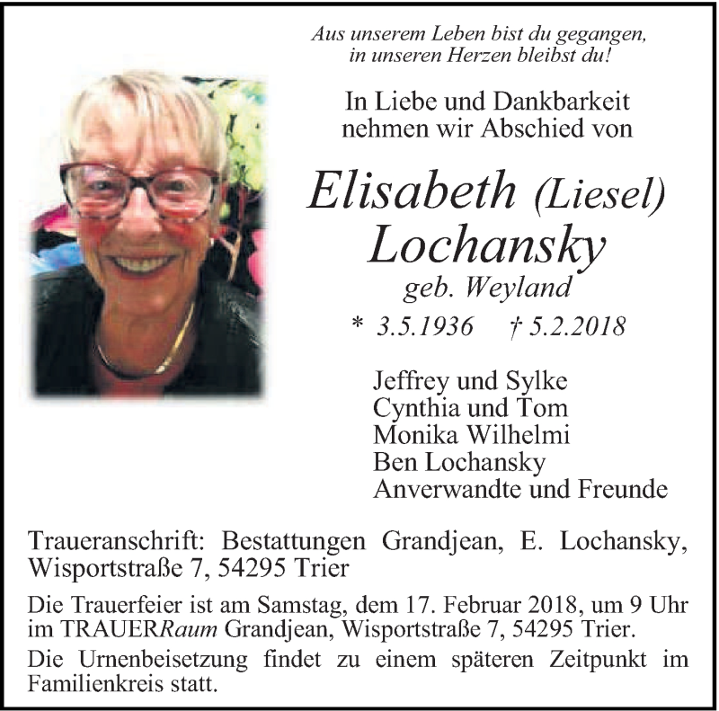  Traueranzeige für Elisabeth Lochansky vom 10.02.2018 aus trierischer_volksfreund