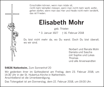 Traueranzeige von Elisabeth Mohr von trierischer_volksfreund