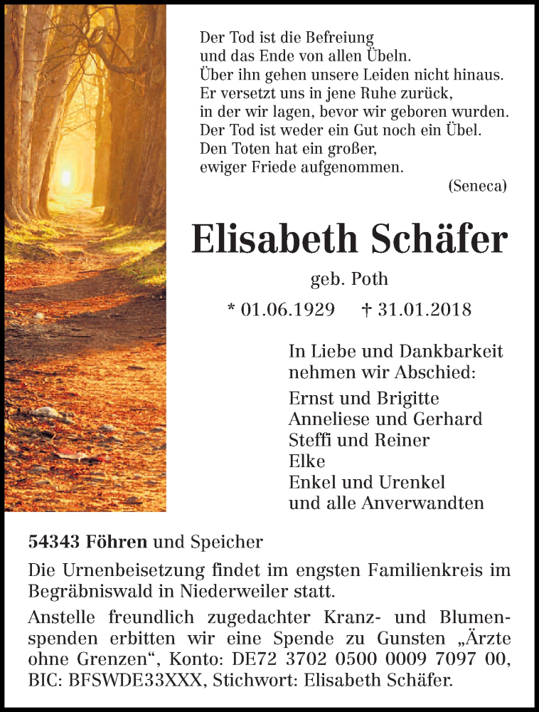  Traueranzeige für Elisabeth Schäfer vom 03.02.2018 aus trierischer_volksfreund