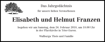 Traueranzeige von Elisabeth und Helmut  Franzen von trierischer_volksfreund