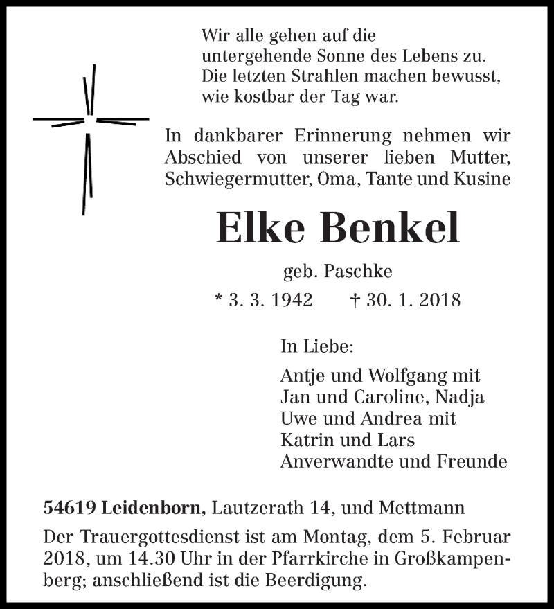  Traueranzeige für Elke Benkel vom 01.02.2018 aus trierischer_volksfreund