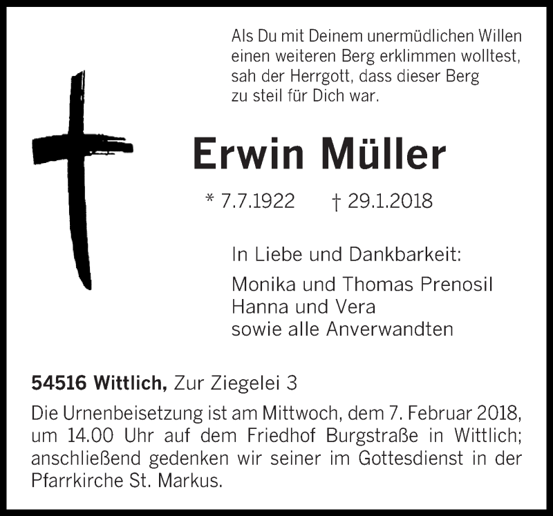  Traueranzeige für Erwin Müller vom 03.02.2018 aus trierischer_volksfreund