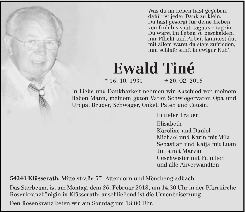  Traueranzeige für Ewald Tiné vom 23.02.2018 aus trierischer_volksfreund
