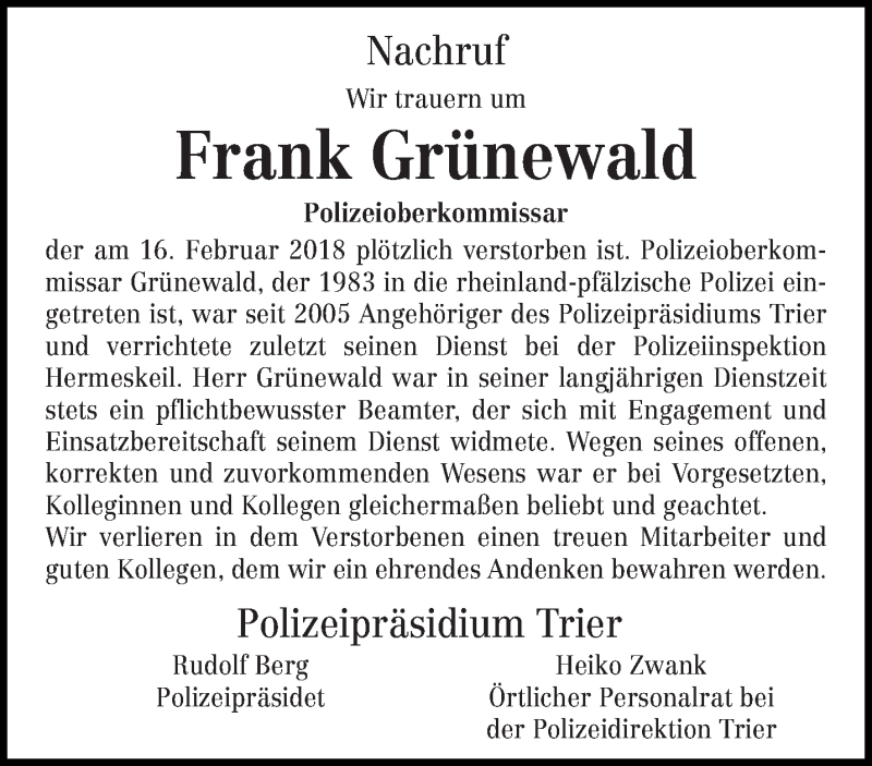  Traueranzeige für Frank Grünewald vom 21.02.2018 aus trierischer_volksfreund