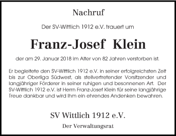 Traueranzeige von Franz-Josef Klein von trierischer_volksfreund