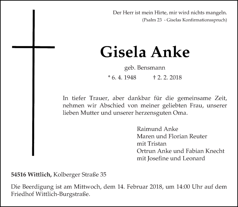  Traueranzeige für Gisela Anke vom 07.02.2018 aus trierischer_volksfreund