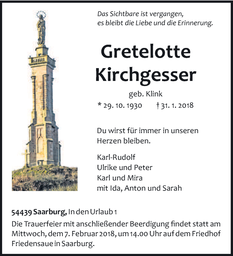  Traueranzeige für Gretelotte Kirchgesser vom 03.02.2018 aus trierischer_volksfreund