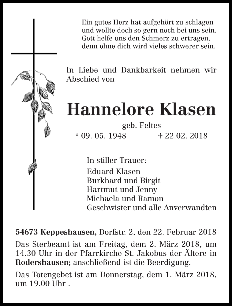  Traueranzeige für Hannelore Klasen vom 26.02.2018 aus trierischer_volksfreund