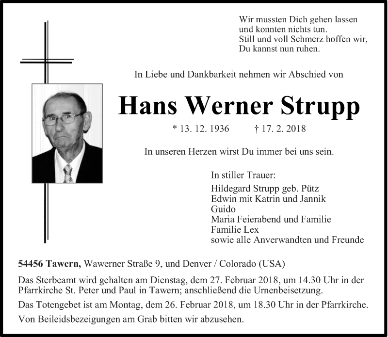  Traueranzeige für Hans Werner Strupp vom 22.02.2018 aus trierischer_volksfreund