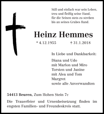 Traueranzeige von Heinz Hemmes von trierischer_volksfreund