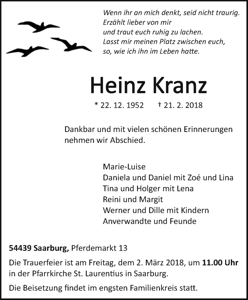  Traueranzeige für Heinz Kranz vom 24.02.2018 aus trierischer_volksfreund