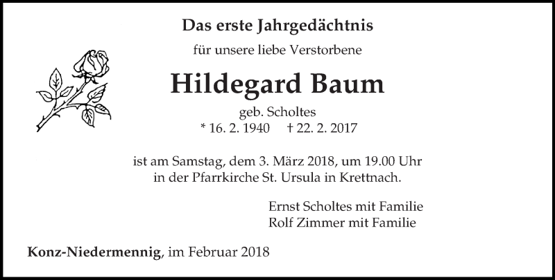  Traueranzeige für Hildegard Baum vom 24.02.2018 aus trierischer_volksfreund