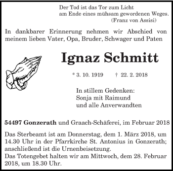 Traueranzeige von Ignaz Schmitt von trierischer_volksfreund