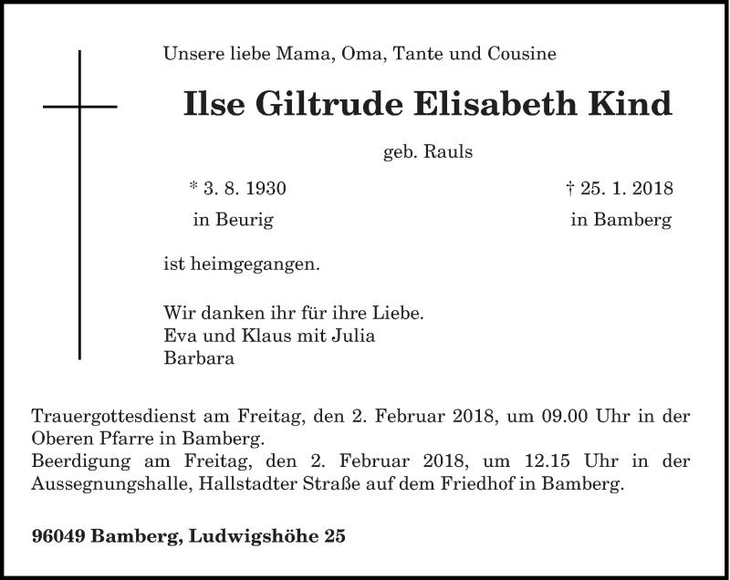  Traueranzeige für Ilse Giltrude Elisabeth Kind vom 31.01.2018 aus trierischer_volksfreund