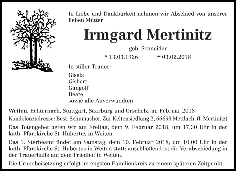  Traueranzeige für Irmgard Mertinitz vom 08.02.2018 aus trierischer_volksfreund