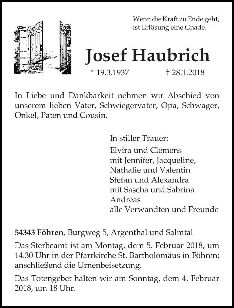  Traueranzeige für Josef Haubrich vom 01.02.2018 aus trierischer_volksfreund