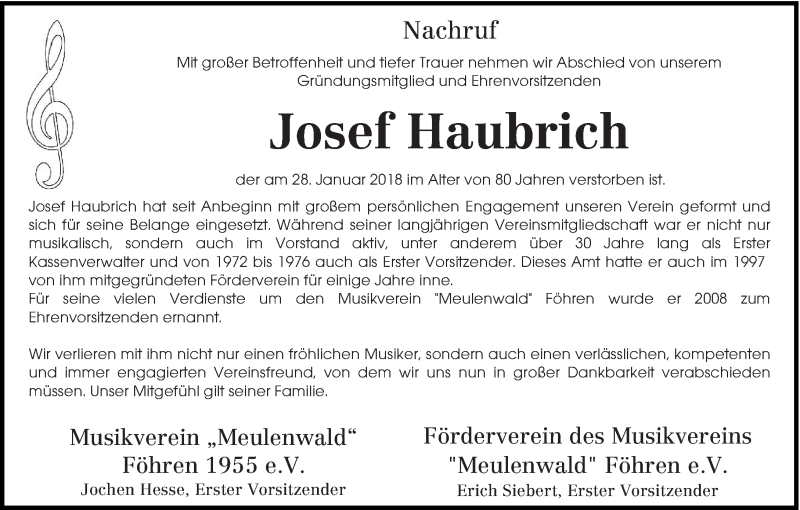  Traueranzeige für Josef Haubrich vom 02.02.2018 aus trierischer_volksfreund