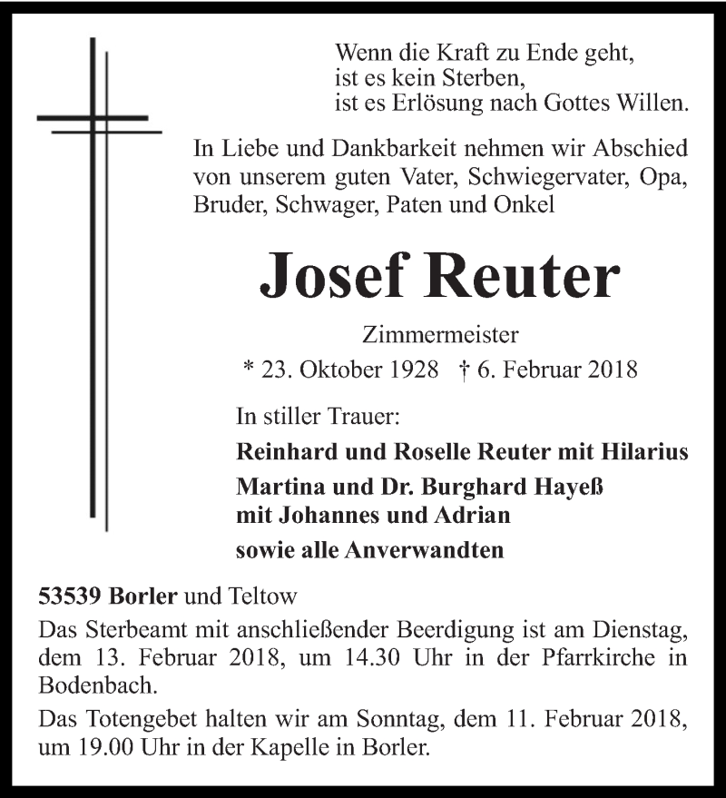  Traueranzeige für Josef Reuter vom 10.02.2018 aus trierischer_volksfreund