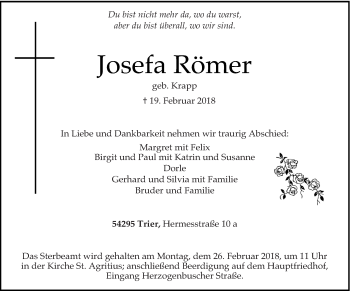 Traueranzeige von Josefa Römer von trierischer_volksfreund