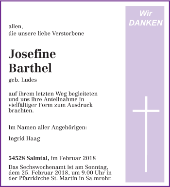 Traueranzeige von Josefine Barthel von trierischer_volksfreund