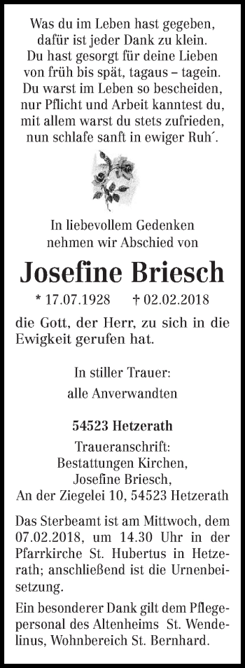 Traueranzeige von Josefine Briesch von trierischer_volksfreund