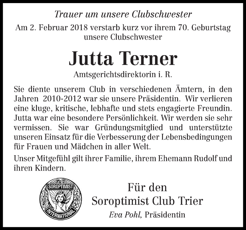  Traueranzeige für Jutta Terner vom 07.02.2018 aus trierischer_volksfreund