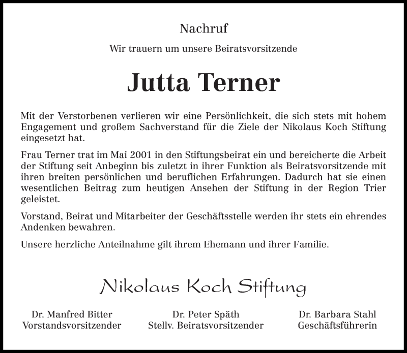  Traueranzeige für Jutta Terner vom 07.02.2018 aus trierischer_volksfreund